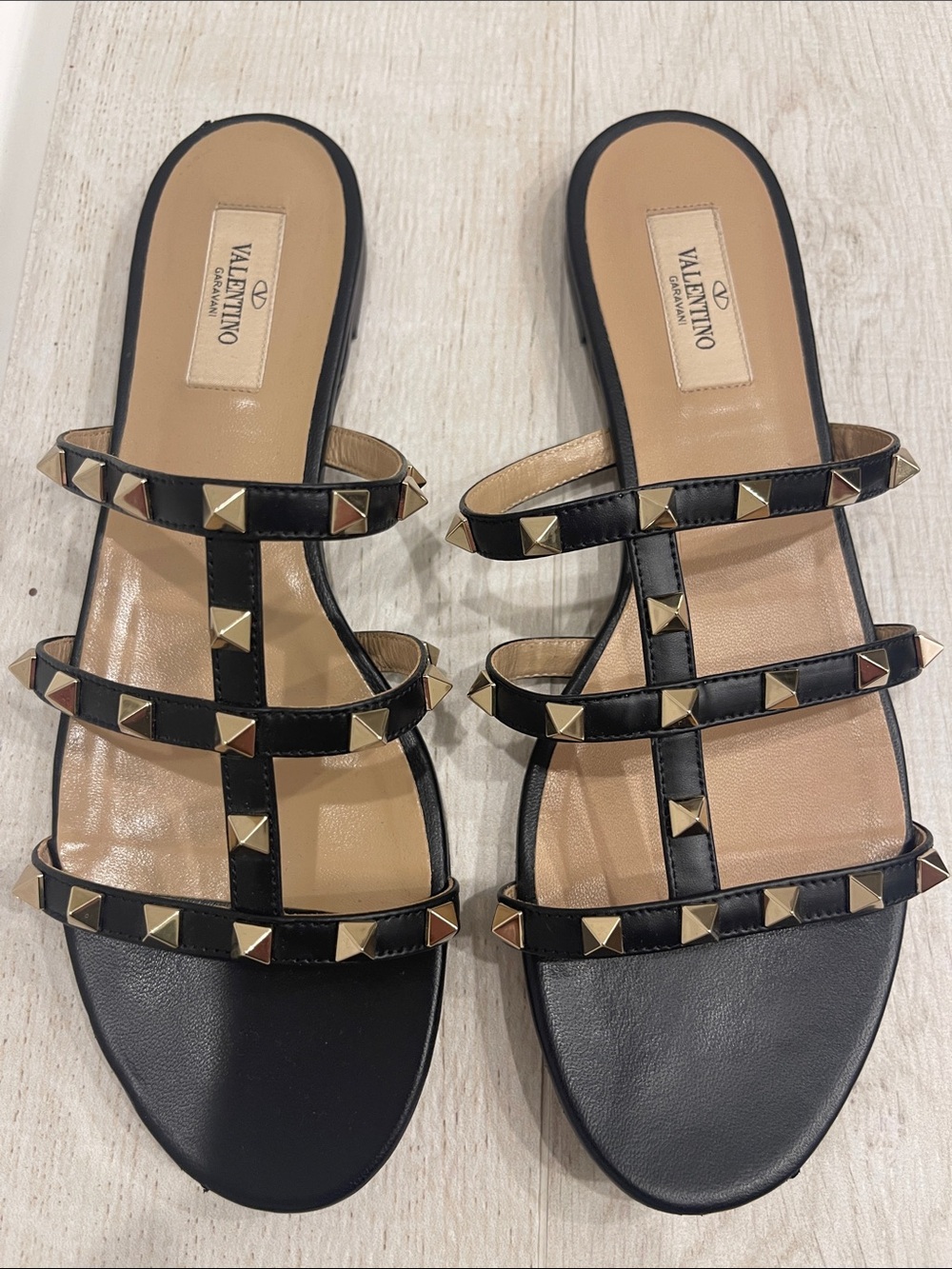 Valentino Garavani Authentic Black Leather Rockstud Triple-Strap Slide Sandals